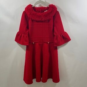 Faux Fur Collar Jacquard Red Dress, Size 10